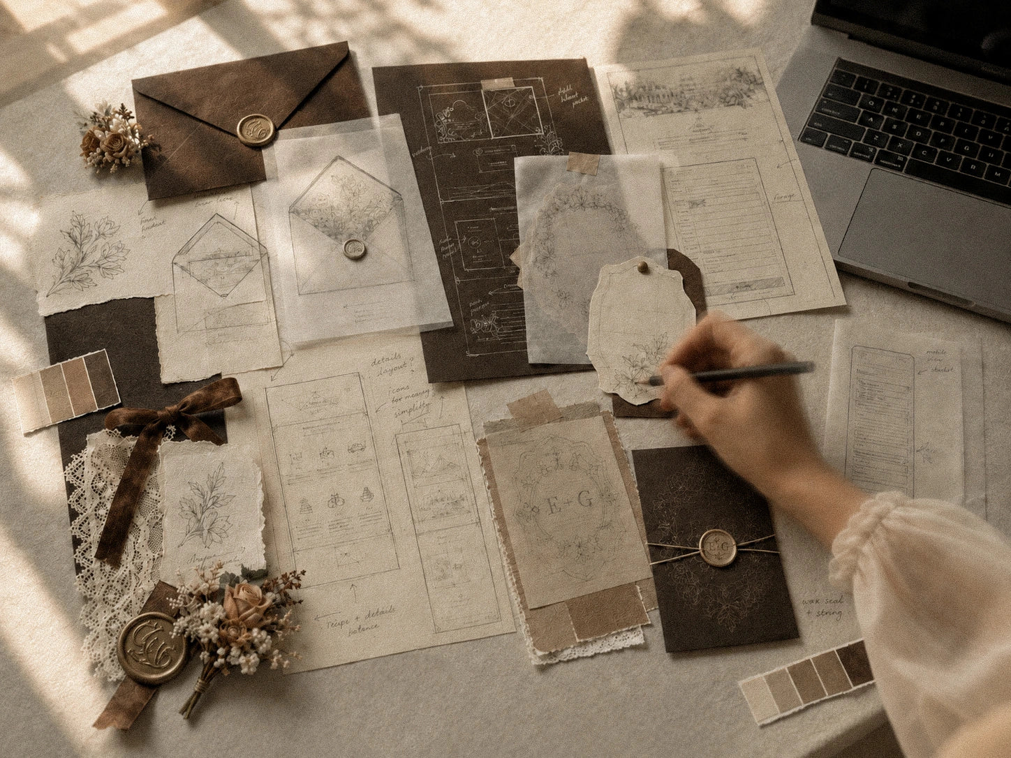 Lace & Found studio workspace with wedding website sketches, burgundy stationery, lace details, wax seals, a MacBook, and a hand drawing with pencil in warm sunlight.