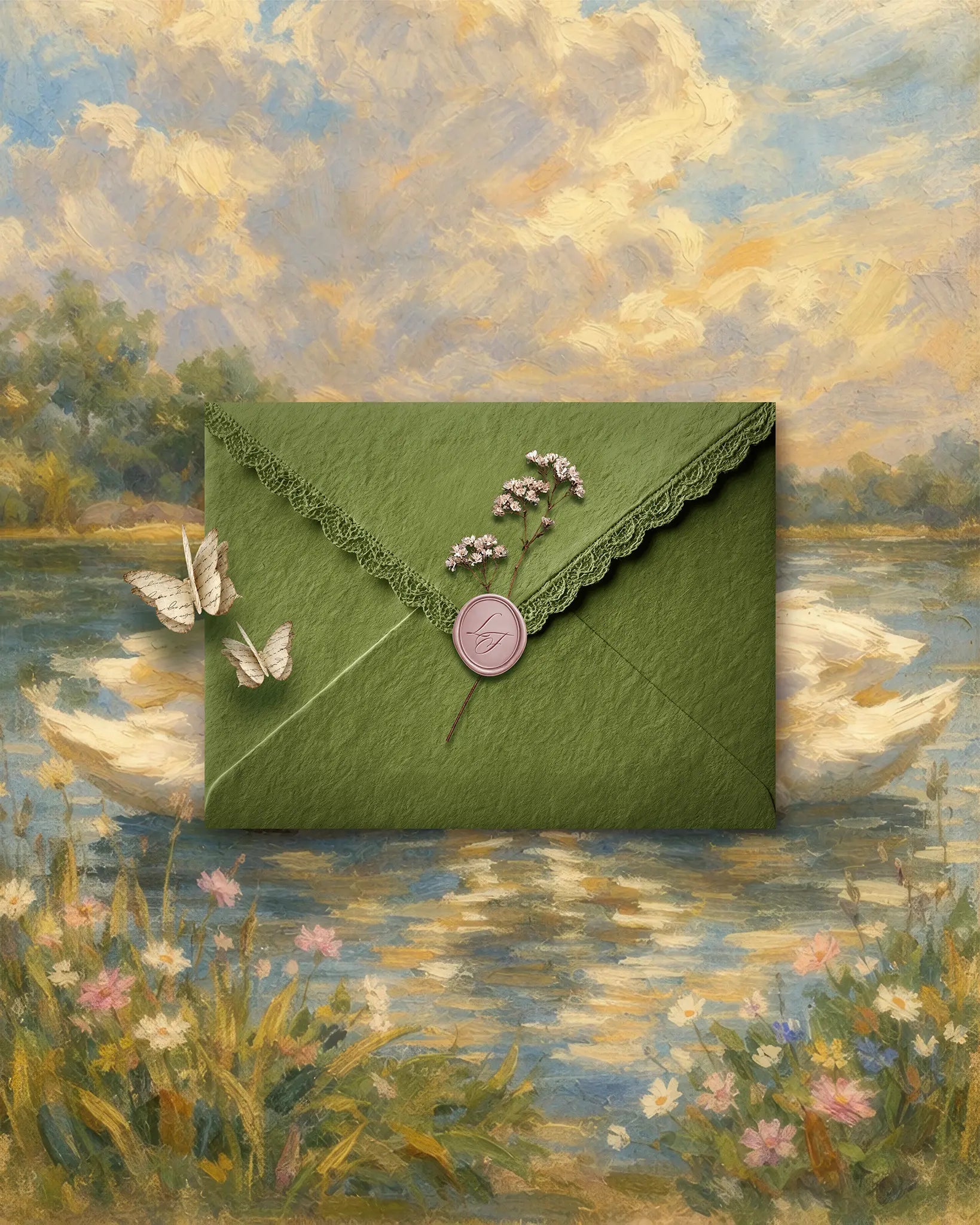 Vintage Garden wedding website template with green envelope design