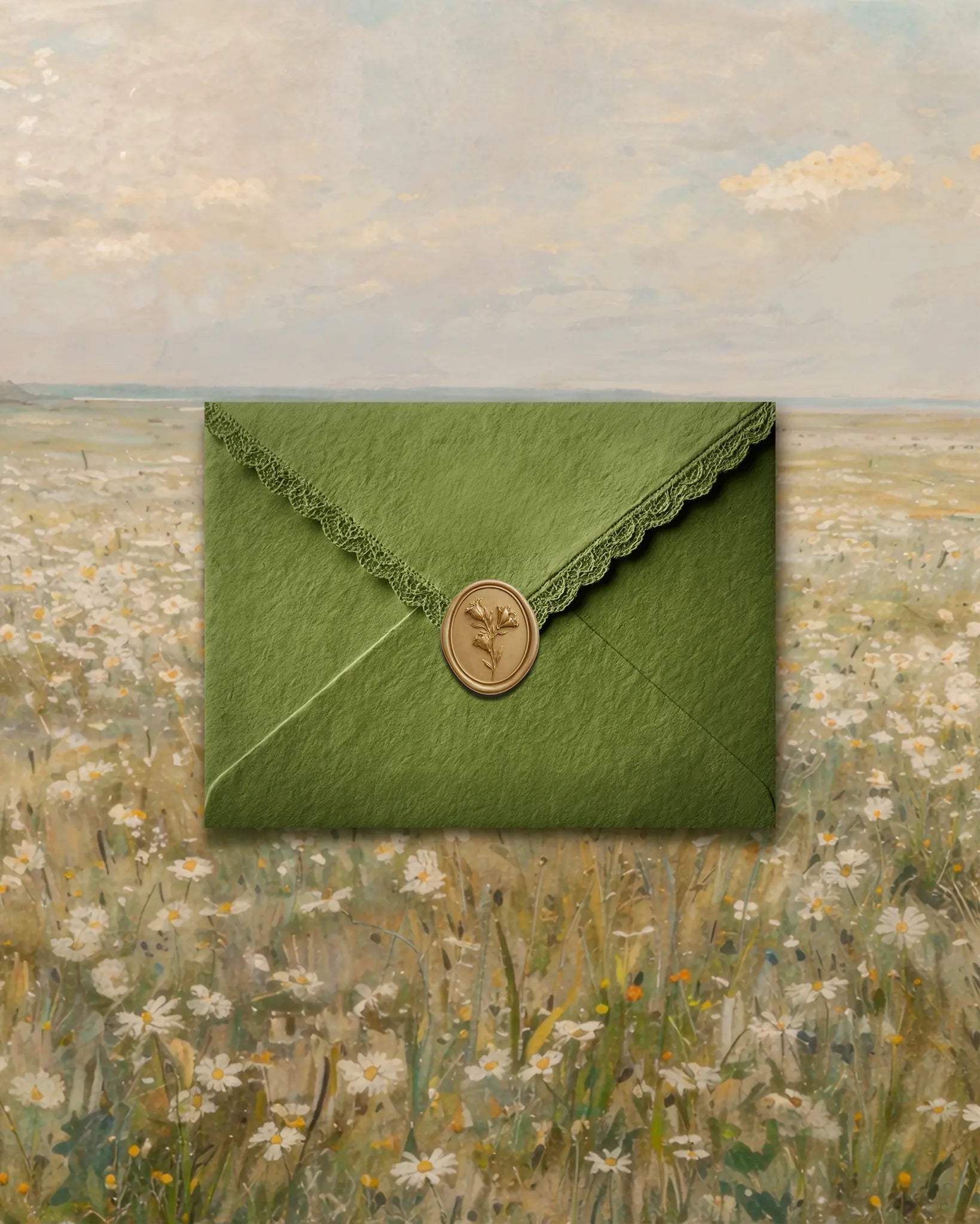 Vintage Wildflower wedding website template with green envelope in meadow setting