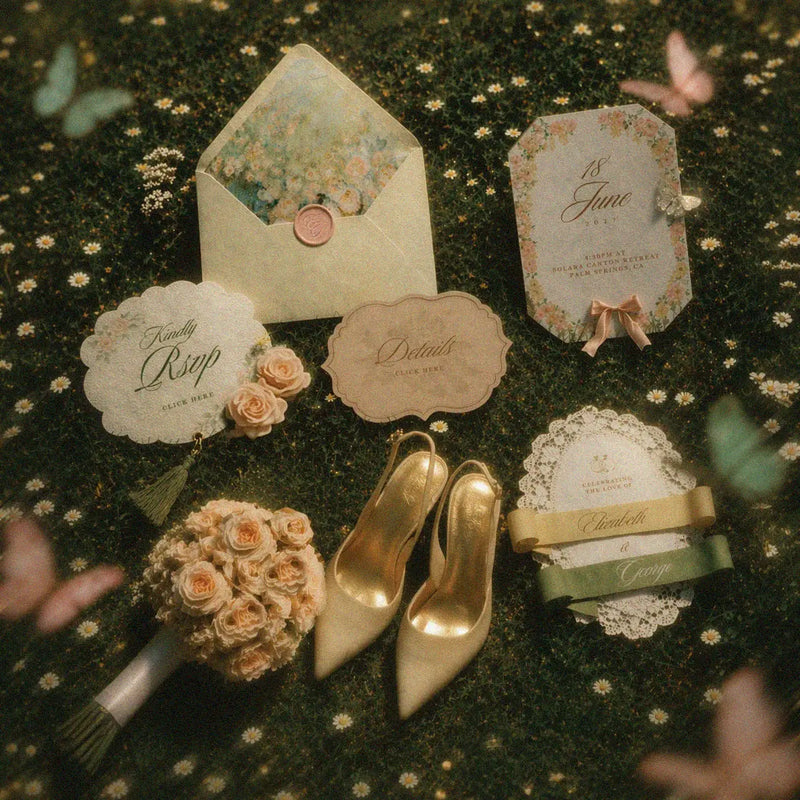 Lace & Found wedding accessories including shoes, bouquet, and invitations on a floral background