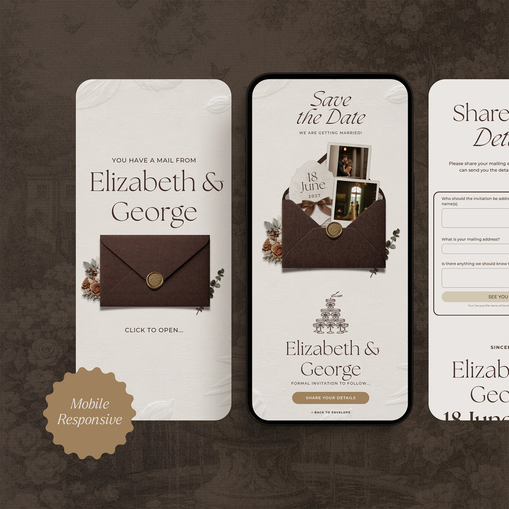 Mobile-responsive save the date wedding website template on phone screen, brown linen envelope and RSVP address form