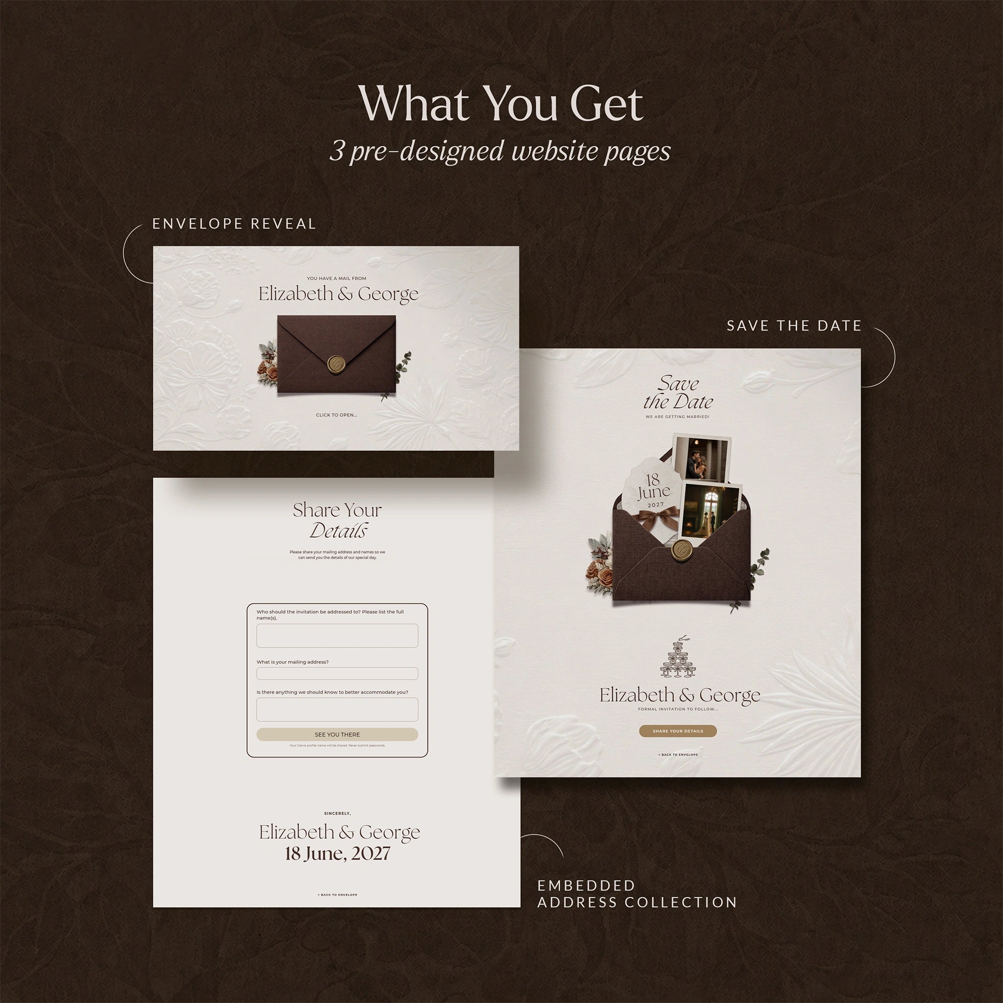 Mocha mousse save the date website template preview: envelope reveal, save the date page, and RSVP address form