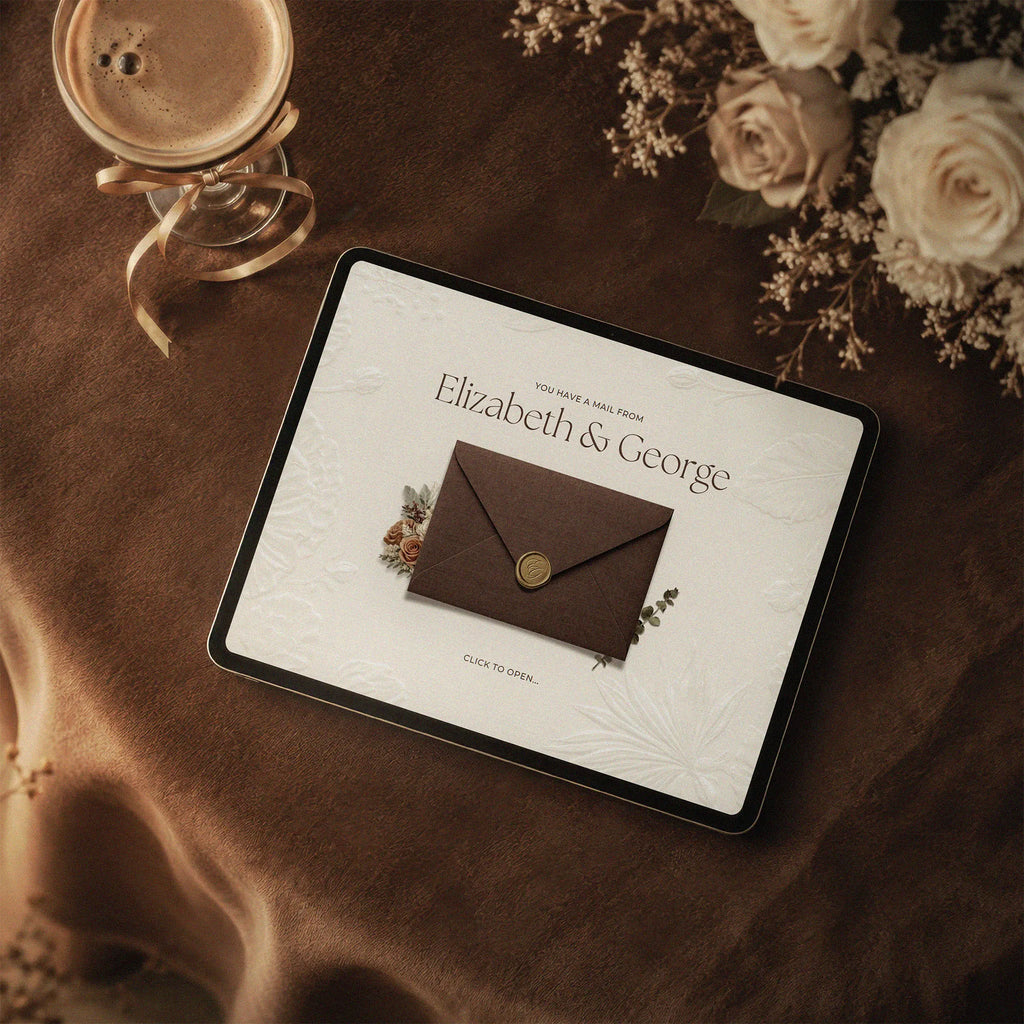 Mocha mousse save the date template shown on iPad, brown linen envelope reveal with gold wax seal on coffee table