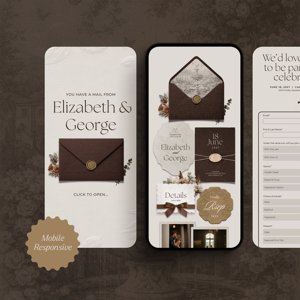 Mobile-responsive mocha mousse wedding website template on phone screen, brown envelope with full RSVP form and menu options