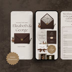 Mobile-responsive mocha mousse wedding website template on phone screen, brown envelope with full RSVP form and menu options