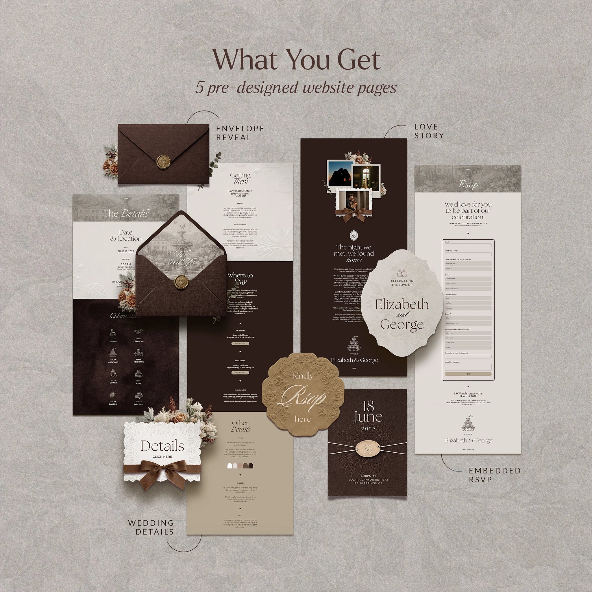 Mocha mousse wedding website template preview: envelope reveal, love story, wedding details, timeline, and RSVP pages