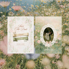 Blushing Wildflower save the date printed card template, cream and blush floral border two sided Canva save the date with lace oval couple photo and wildflower background