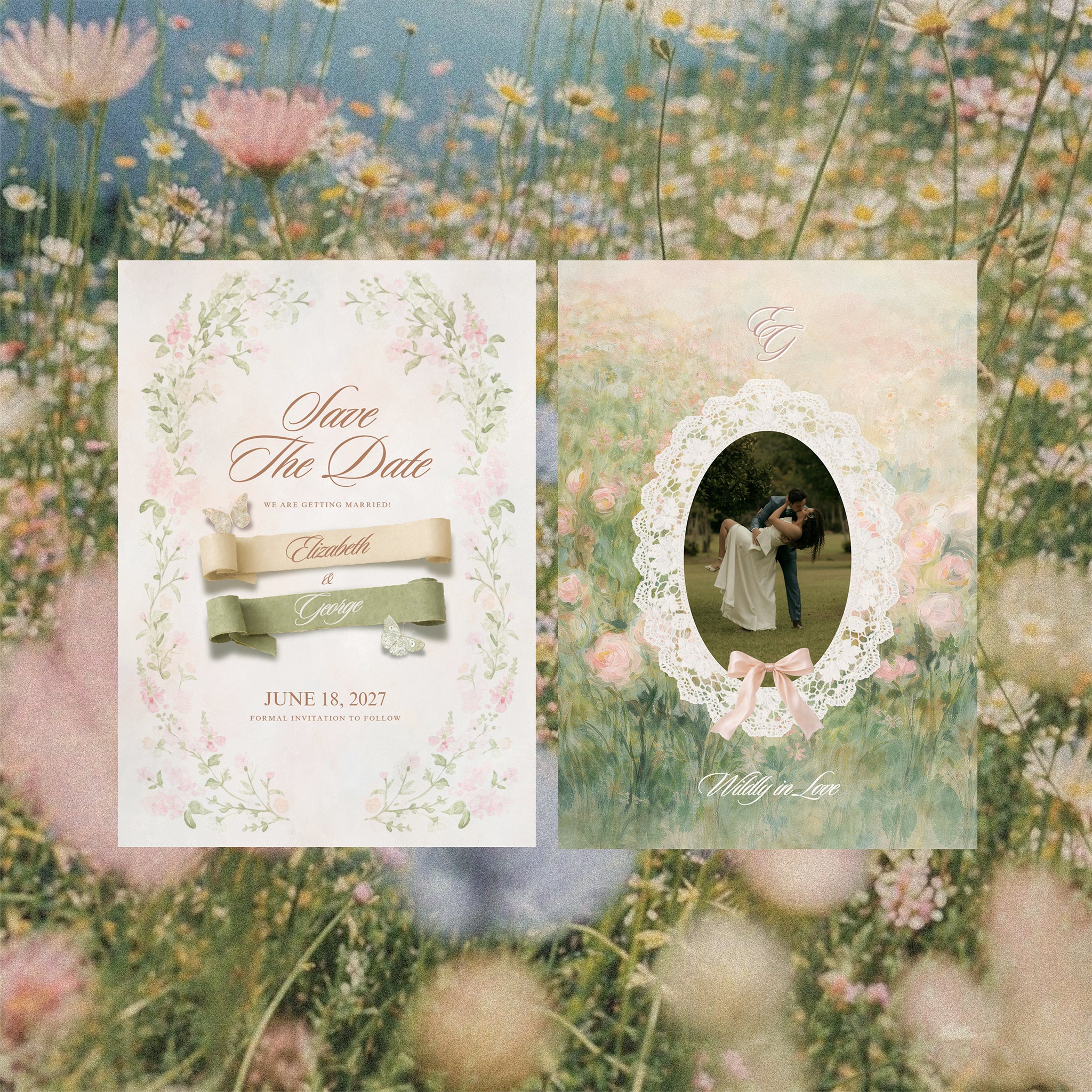 Blushing Wildflower save the date printed card template, cream and blush floral border two sided Canva save the date with lace oval couple photo and wildflower background