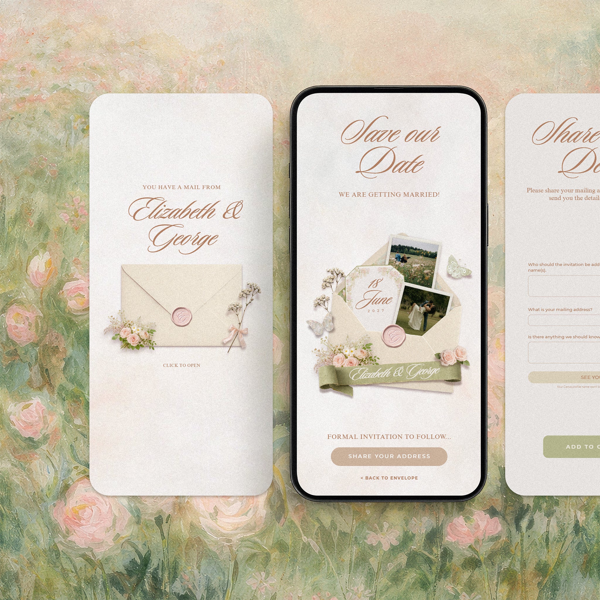 Blushing Wildflower save the date template on mobile, cream envelope with blush roses and polaroid photos, soft romantic Canva save the date with address collection form