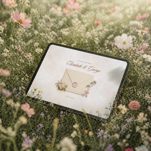 Blushing Wildflower save the date template on iPad, cream envelope with blush wax seal and rose details in wildflower field, soft romantic Canva save the date template