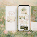 Blushing Wildflower wedding website template on mobile and desktop, cream and blush Canva wedding website with floral envelope reveal, wildflower details and RSVP form