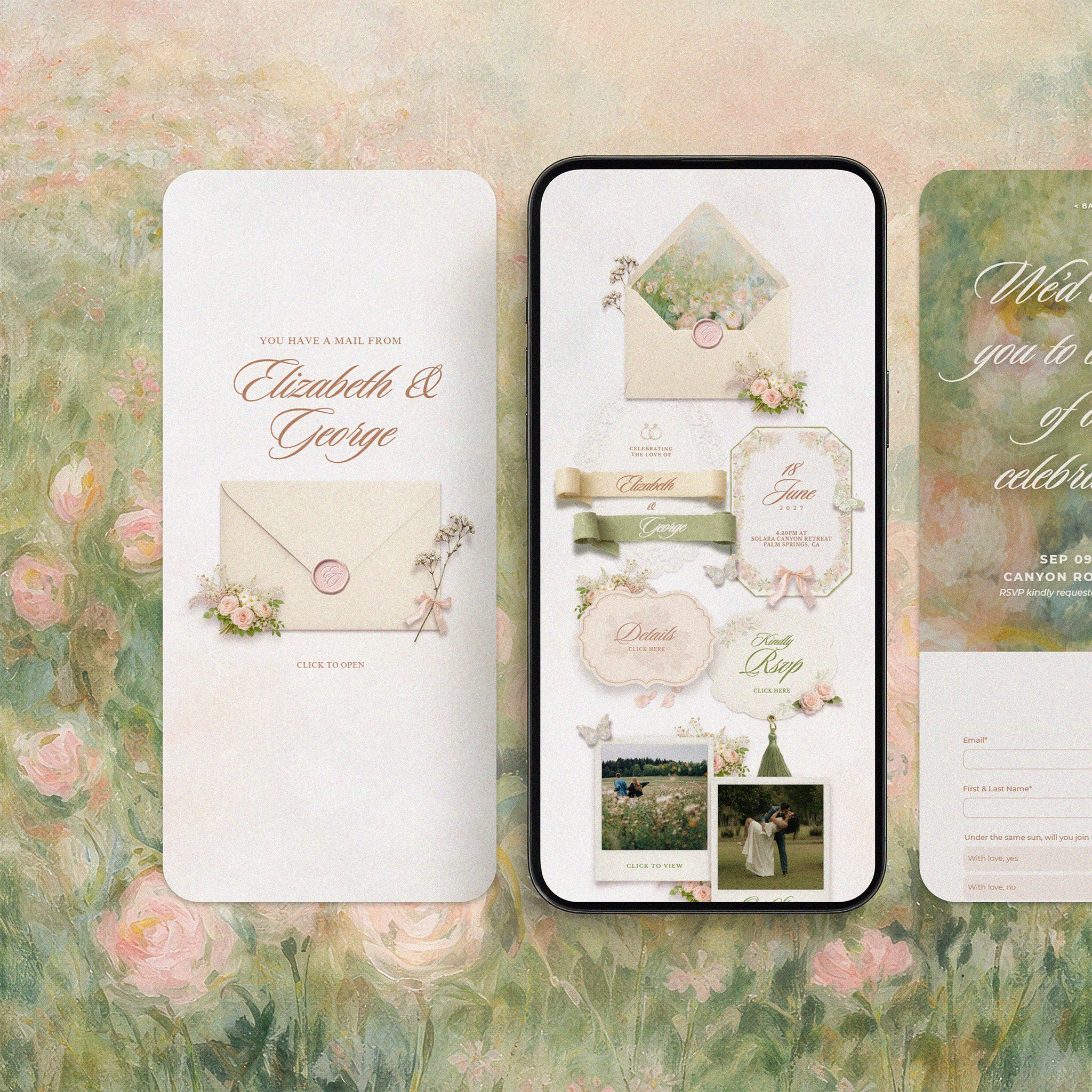 Blushing Wildflower wedding website template on mobile and desktop, cream and blush Canva wedding website with floral envelope reveal, wildflower details and RSVP form