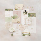 Blushing Wildflower wedding website template flatlay, cream and blush Canva wedding website with watercolour florals, butterfly details and RSVP form, soft spring wedding website template