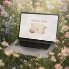 Blushing Wildflower Canva wedding website template on laptop, cream envelope with blush wax seal and rose details, soft romantic wedding website template