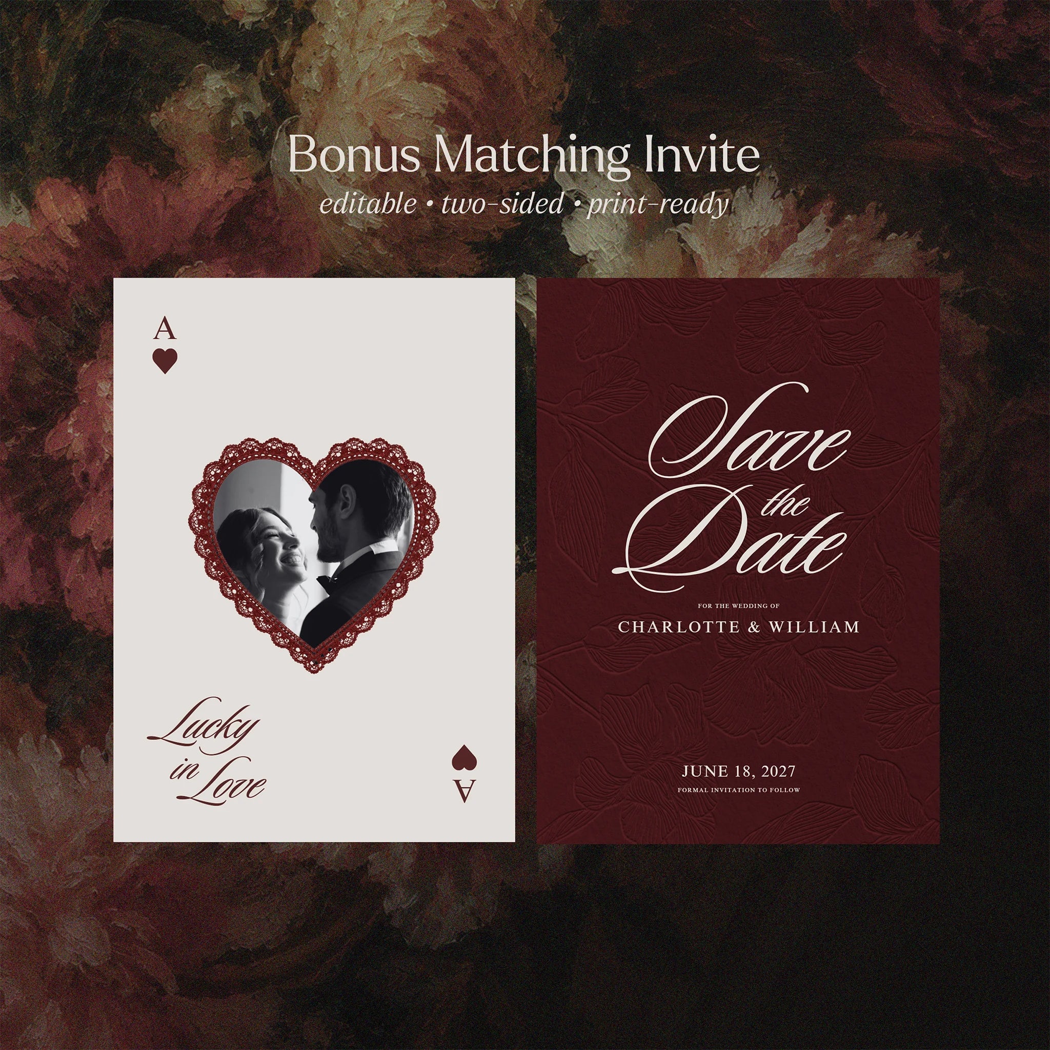 Playing card save the date invitation template, ace of hearts wedding photo card with burgundy floral back