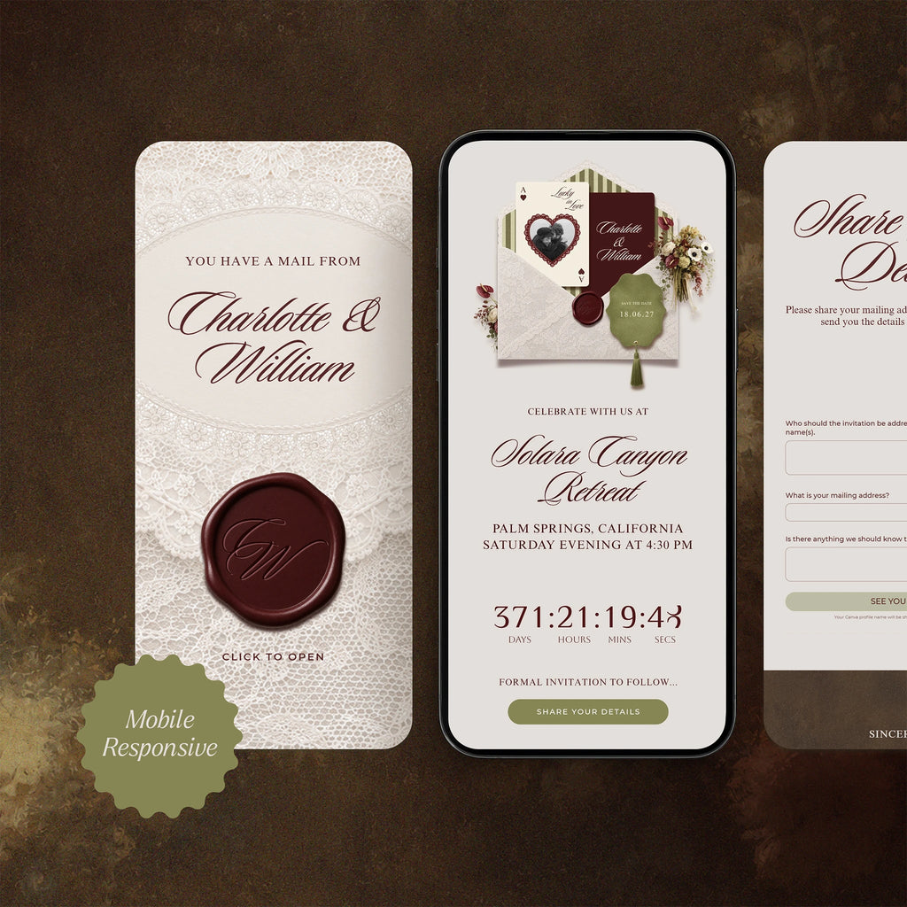Mobile-responsive save the date wedding website template on phone screen, lace envelope with wax seal and wedding countdown timer