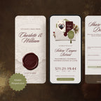 Mobile-responsive save the date wedding website template on phone screen, lace envelope with wax seal and wedding countdown timer
