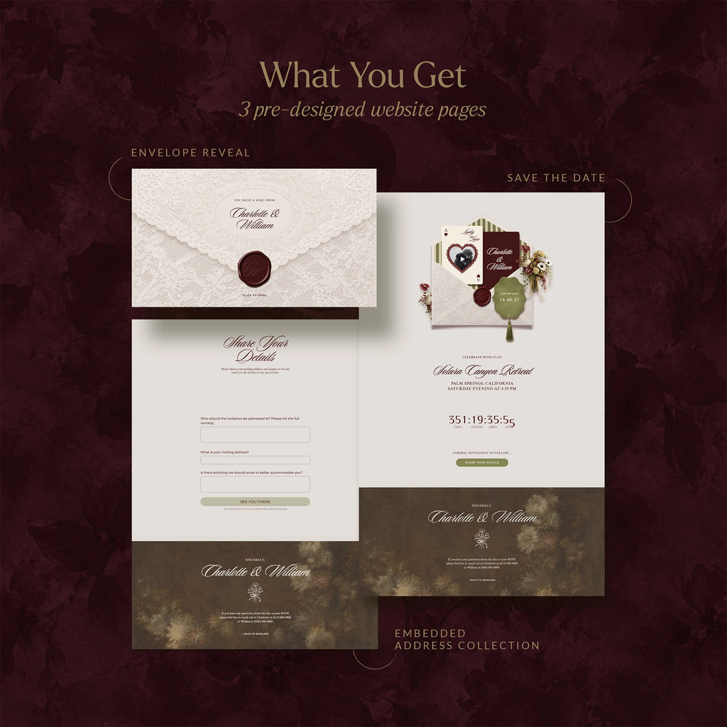 Playing card save the date website template preview: envelope reveal, save the date countdown page, and RSVP form