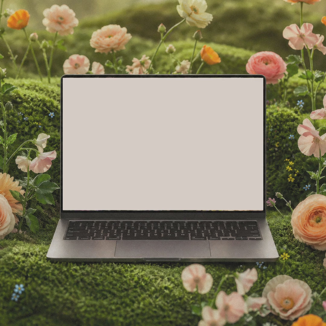 Secret Garden Canva wedding website template preview, whimsical postcard homepage with garden background and cottagecore wedding details