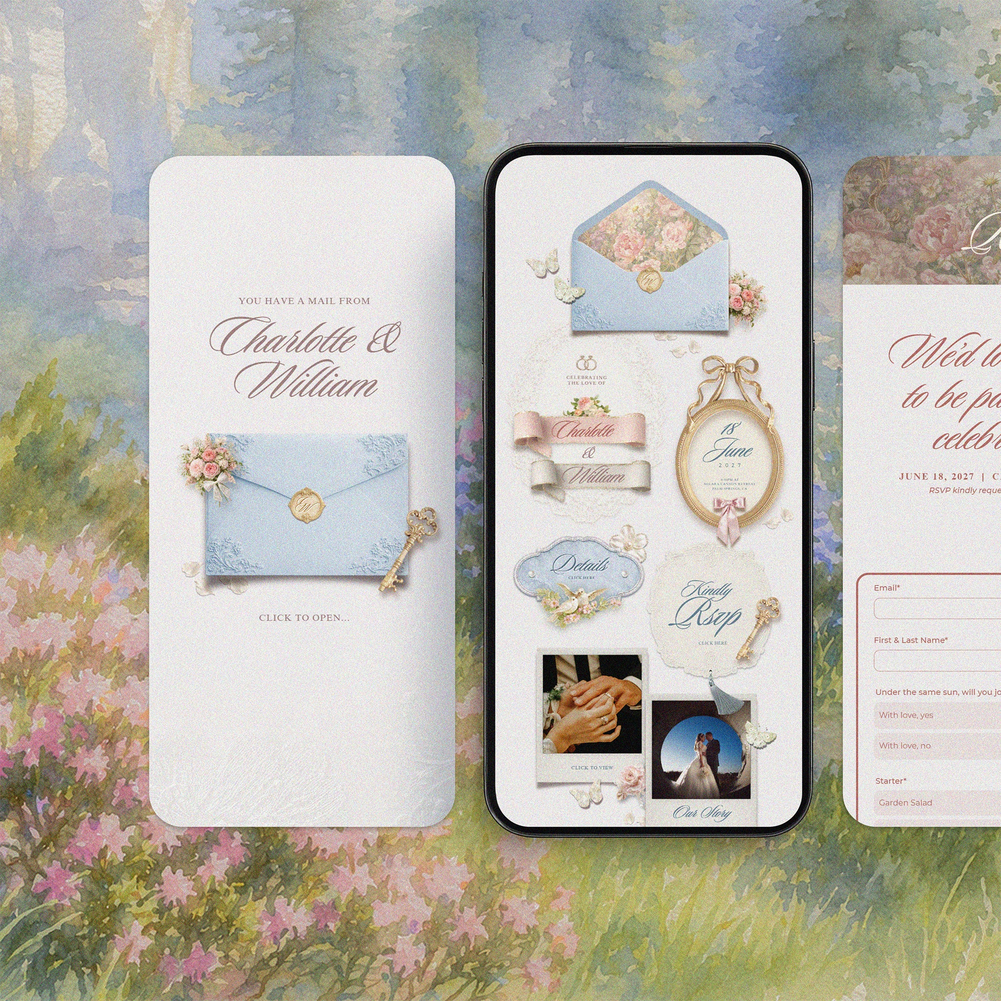 Enchanted Garden wedding website template on mobile and desktop, powder blue fairytale Canva wedding website with envelope reveal, gold oval frame and RSVP form