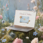 Enchanted Garden Canva wedding website template on laptop, powder blue envelope with gold wax seal and golden key, fairytale wedding website template
