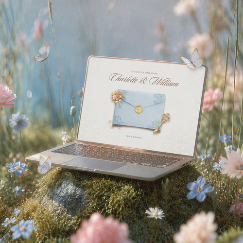 Enchanted Garden Canva wedding website template on laptop, powder blue envelope with gold wax seal and golden key, fairytale wedding website template