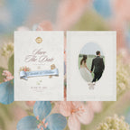 Enchanted Garden save the date printed card template, powder blue ribbon and golden key two sided Canva save the date with oval couple photo and lace border