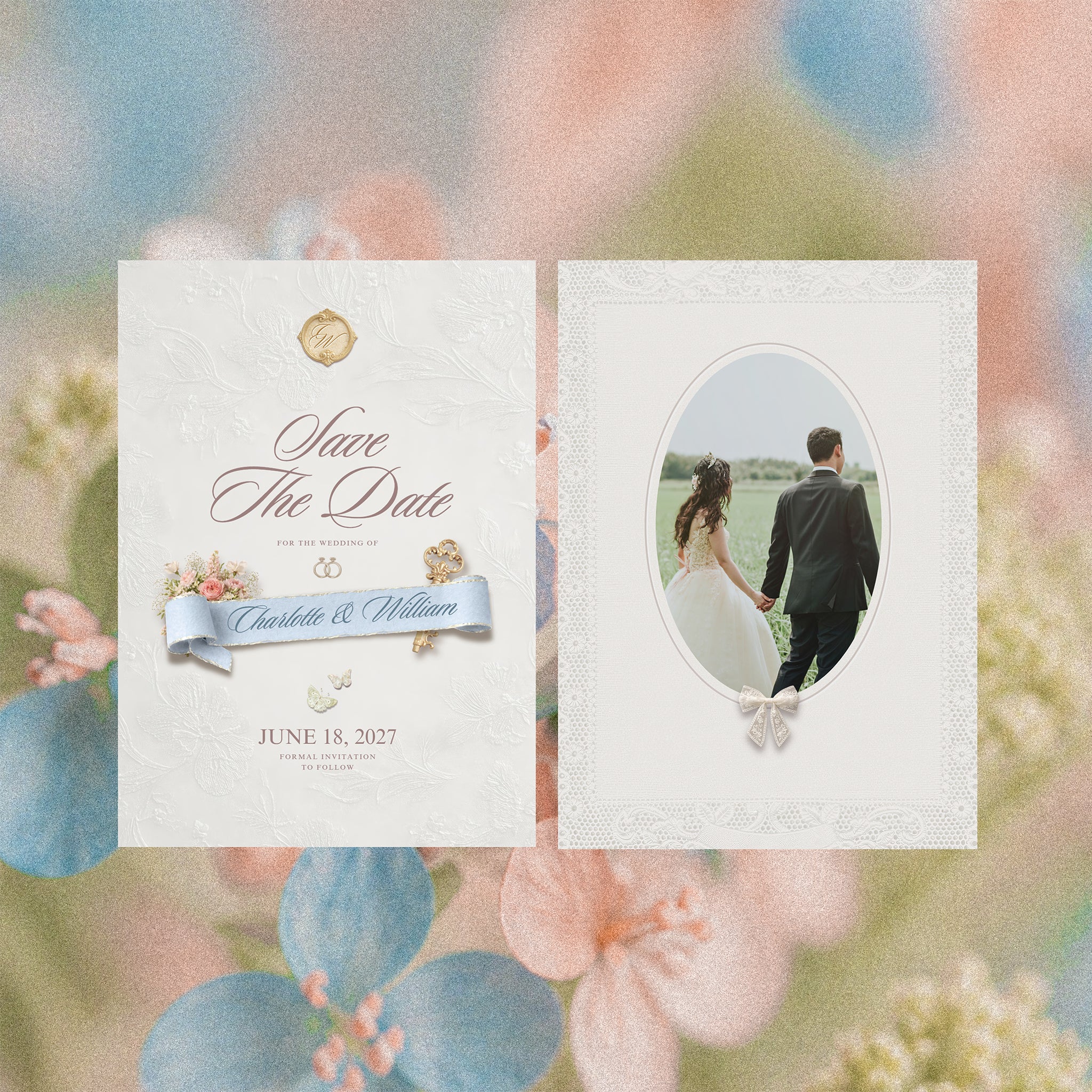 Enchanted Garden save the date printed card template, powder blue ribbon and golden key two sided Canva save the date with oval couple photo and lace border