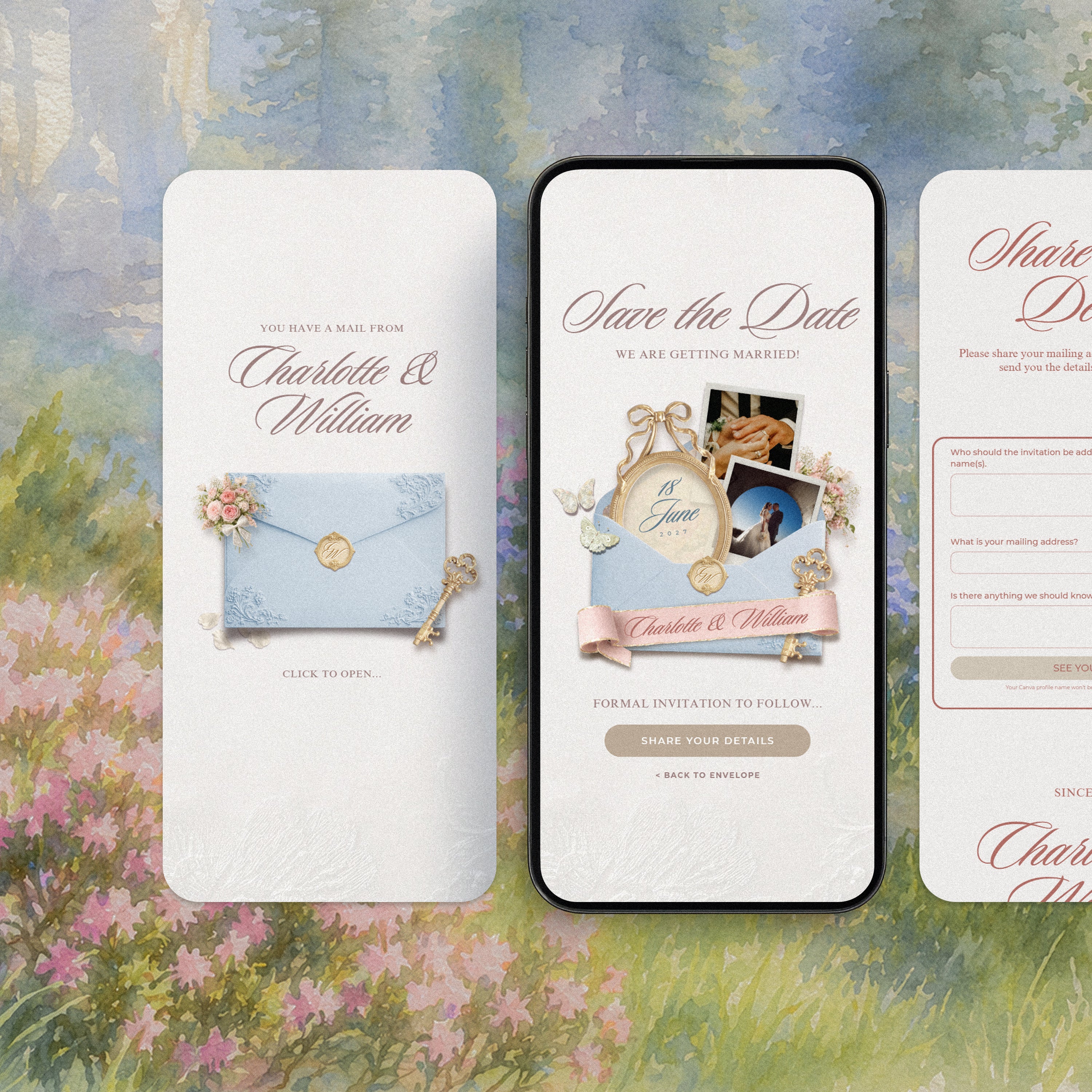 Enchanted Garden save the date template on mobile, powder blue fairytale Canva save the date with gold oval frame, polaroid photos and address collection form