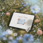 Enchanted Garden save the date template on iPad, powder blue envelope with gold wax seal and golden key, fairytale Canva save the date template