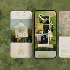 Secret Garden wedding website template on mobile and desktop, whimsical Canva wedding website with polaroid love story section, garden gate illustration and RSVP form