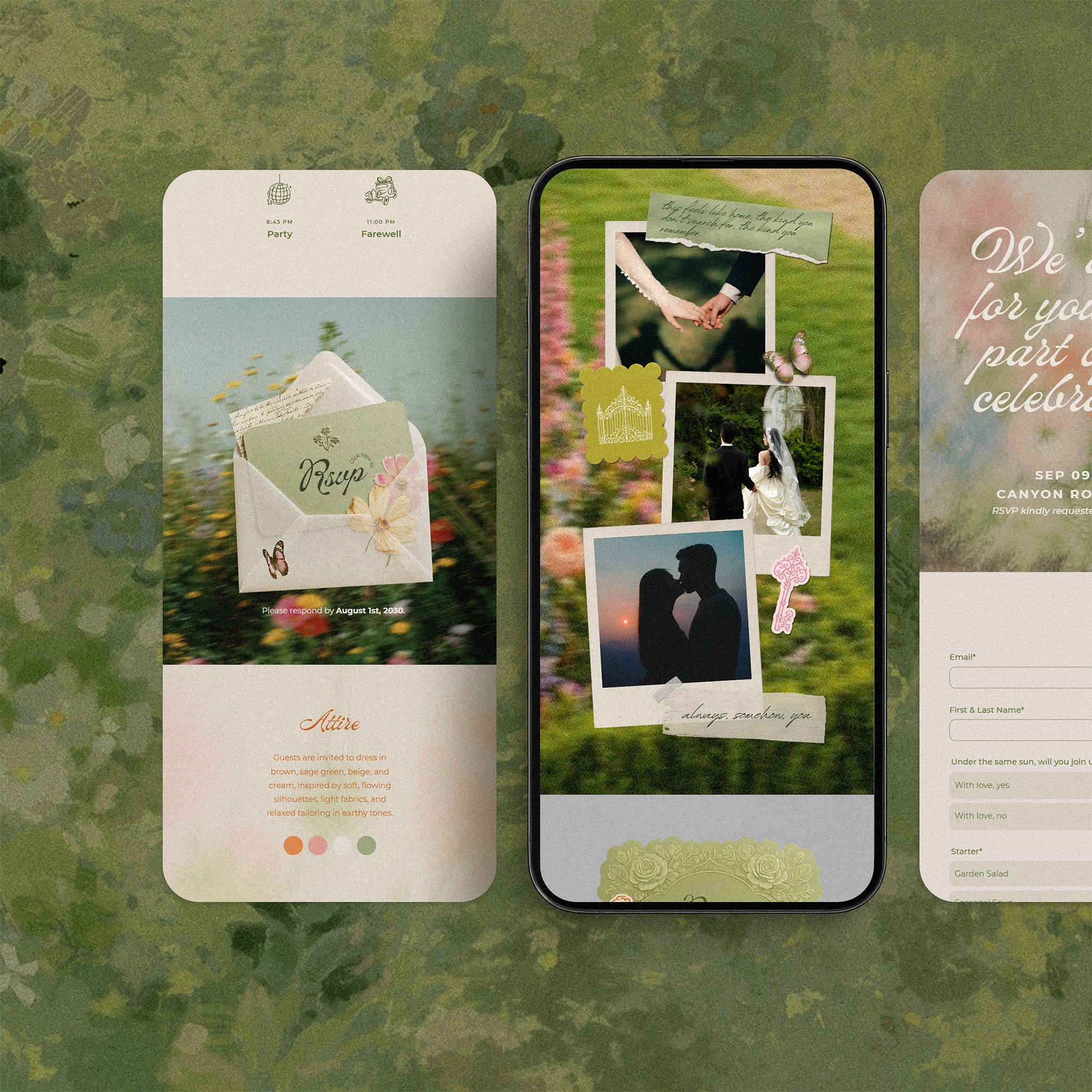 Secret Garden wedding website template on mobile and desktop, whimsical Canva wedding website with polaroid love story section, garden gate illustration and RSVP form