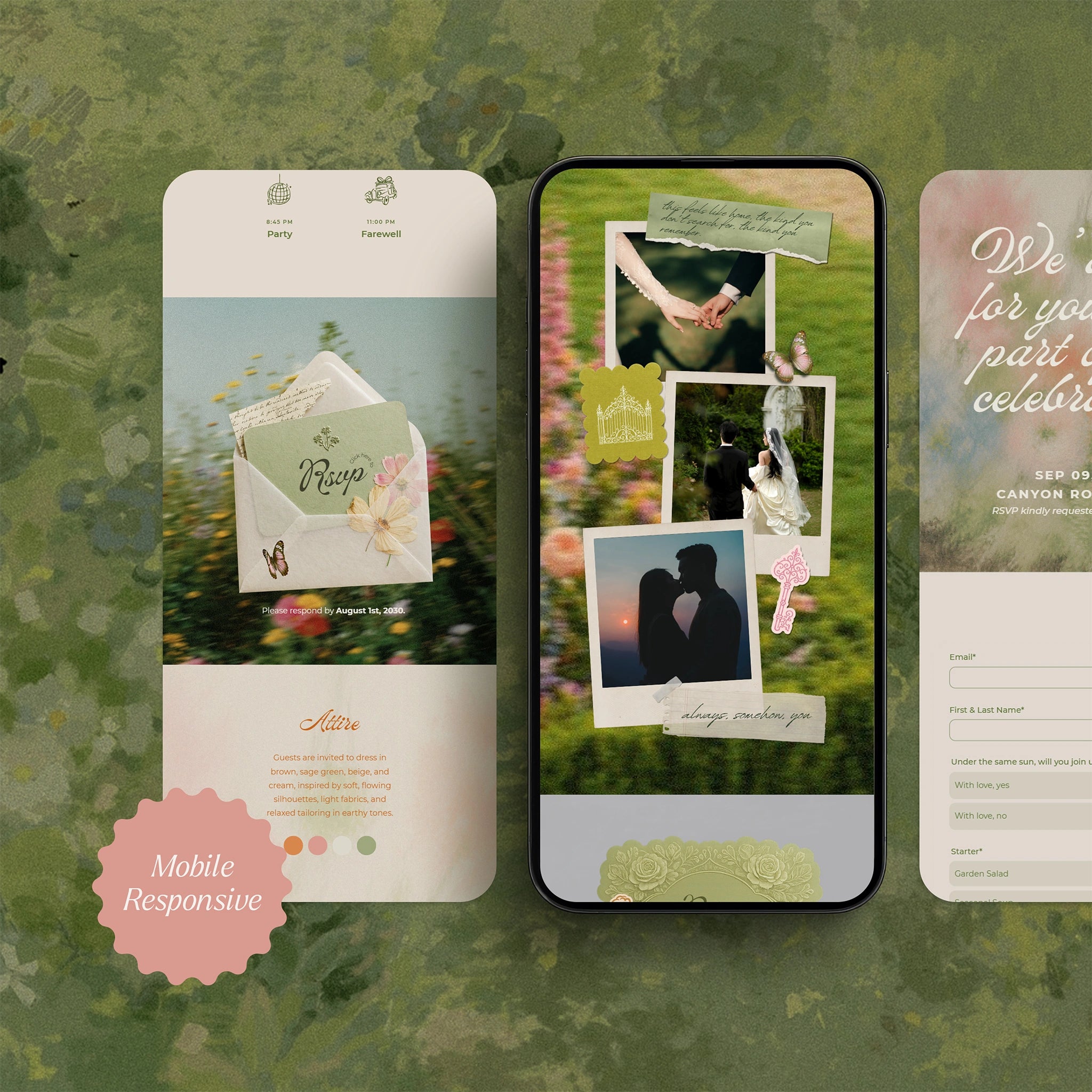Mobile-responsive Secret Garden wedding website template on phone screen, wildflower envelope RSVP and scrapbook photo collage