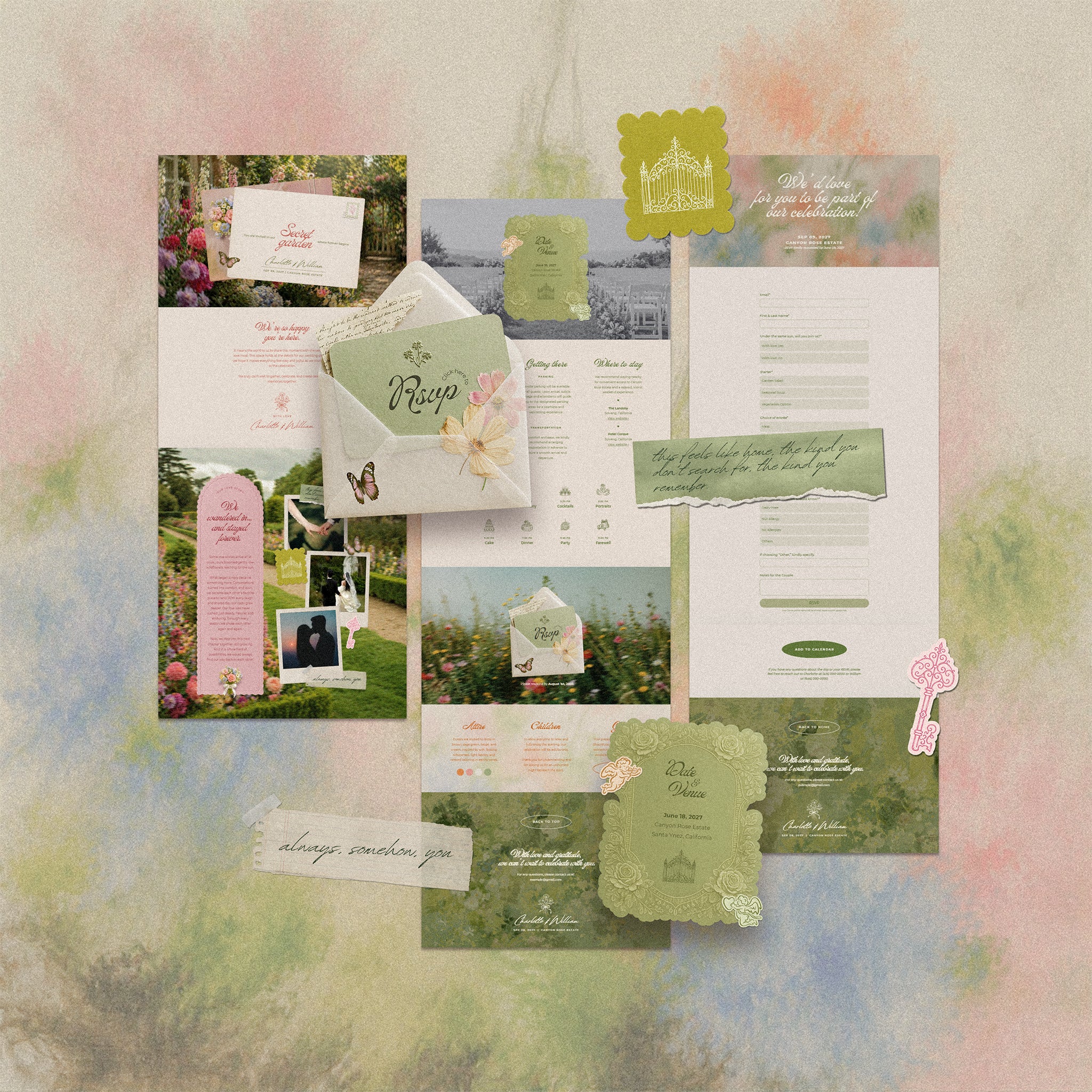 Secret Garden wedding website template flatlay, pink and sage green Canva wedding website with postcard layout, handwritten details, polaroid photos and RSVP form, whimsical cottagecore wedding website template