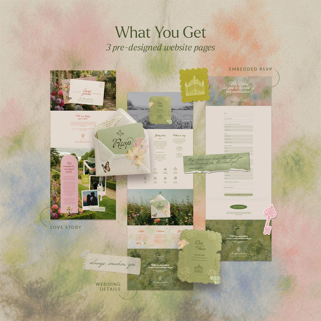 Secret Garden wedding website template preview: whimsical scrapbook love story, wildflower RSVP envelope, cottagecore wedding details, and RSVP form