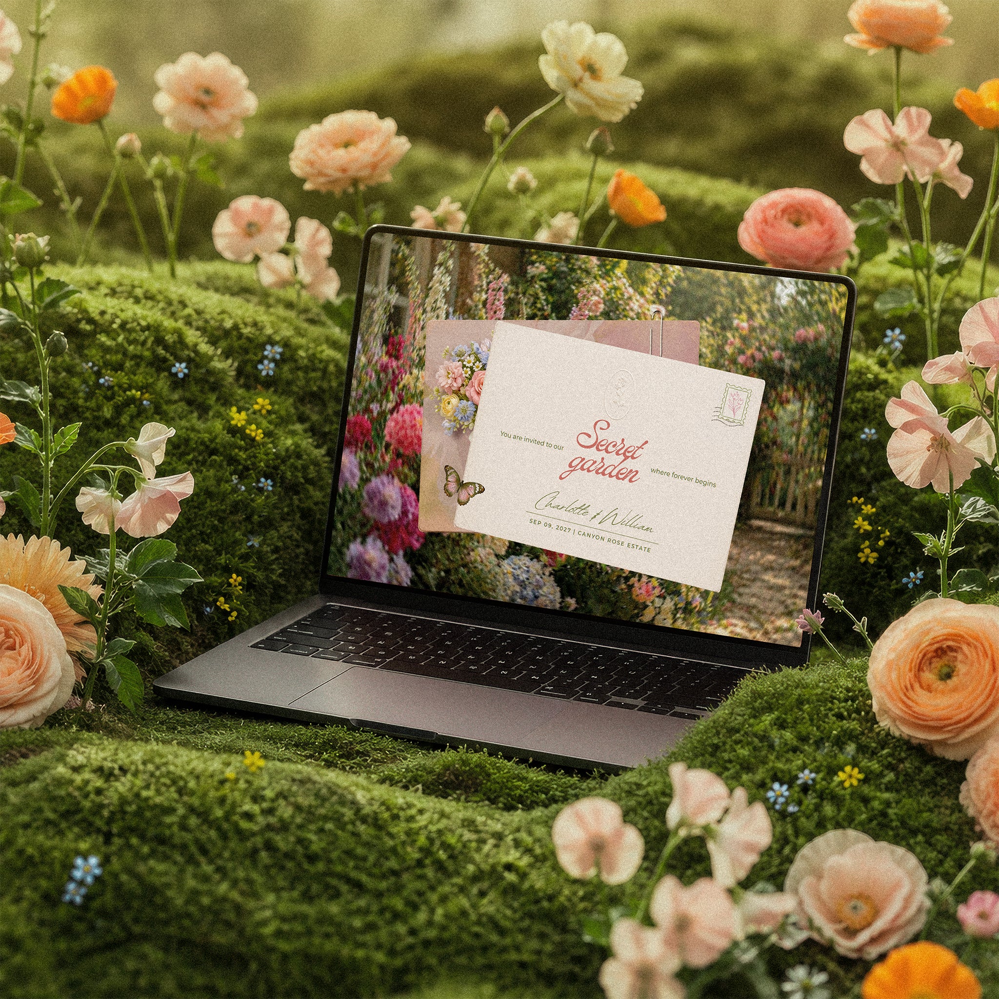 Secret Garden Canva wedding website template on laptop, whimsical postcard homepage with garden gate and butterfly details, cottagecore wedding website template