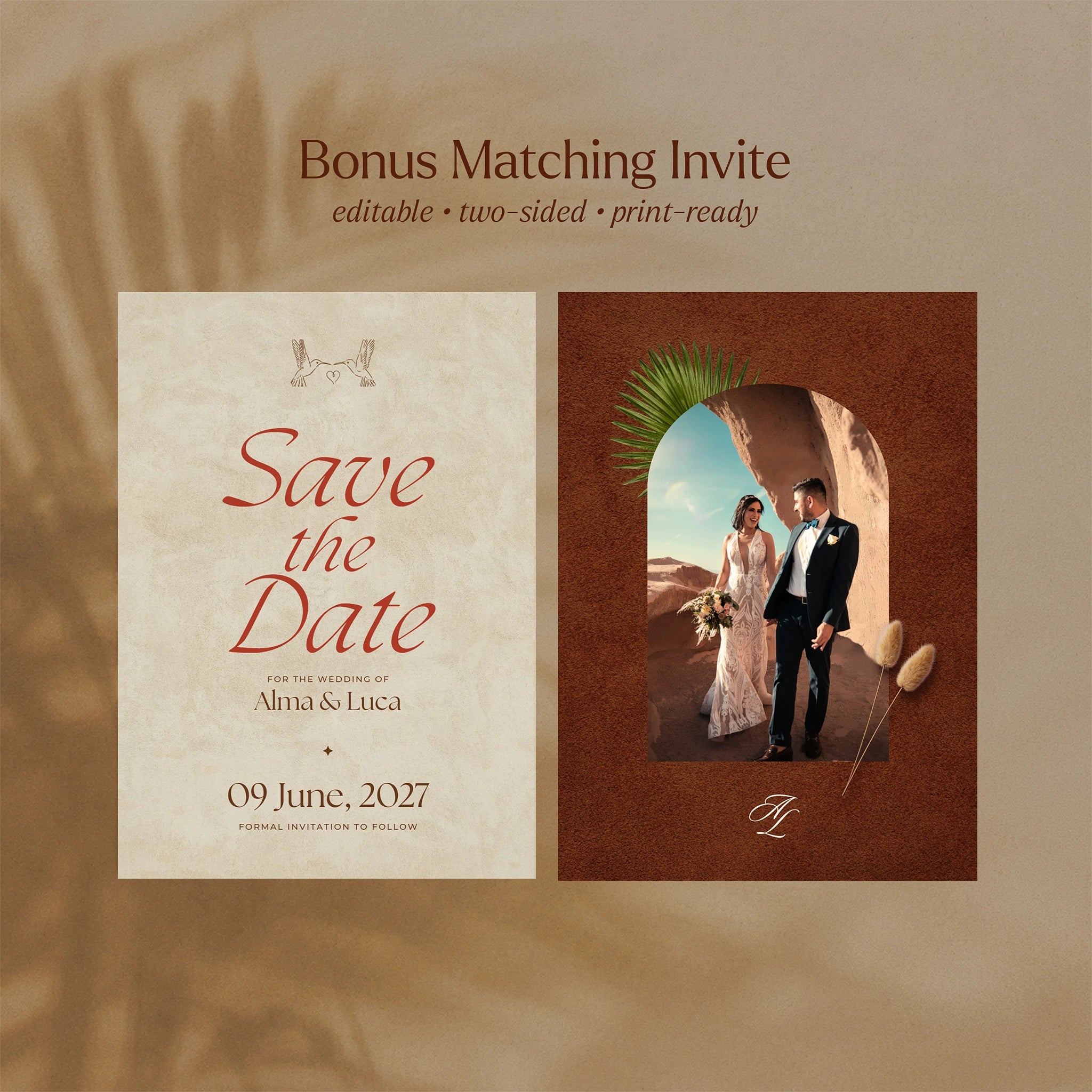 Terracotta desert save the date invitation template with hummingbird motif, editable printable wedding invitation suite