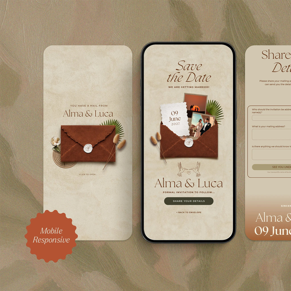 Mobile-responsive save the date wedding website template on phone screen, suede envelope and RSVP address form