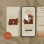 Mobile-responsive save the date wedding website template on phone screen, suede envelope and RSVP address form