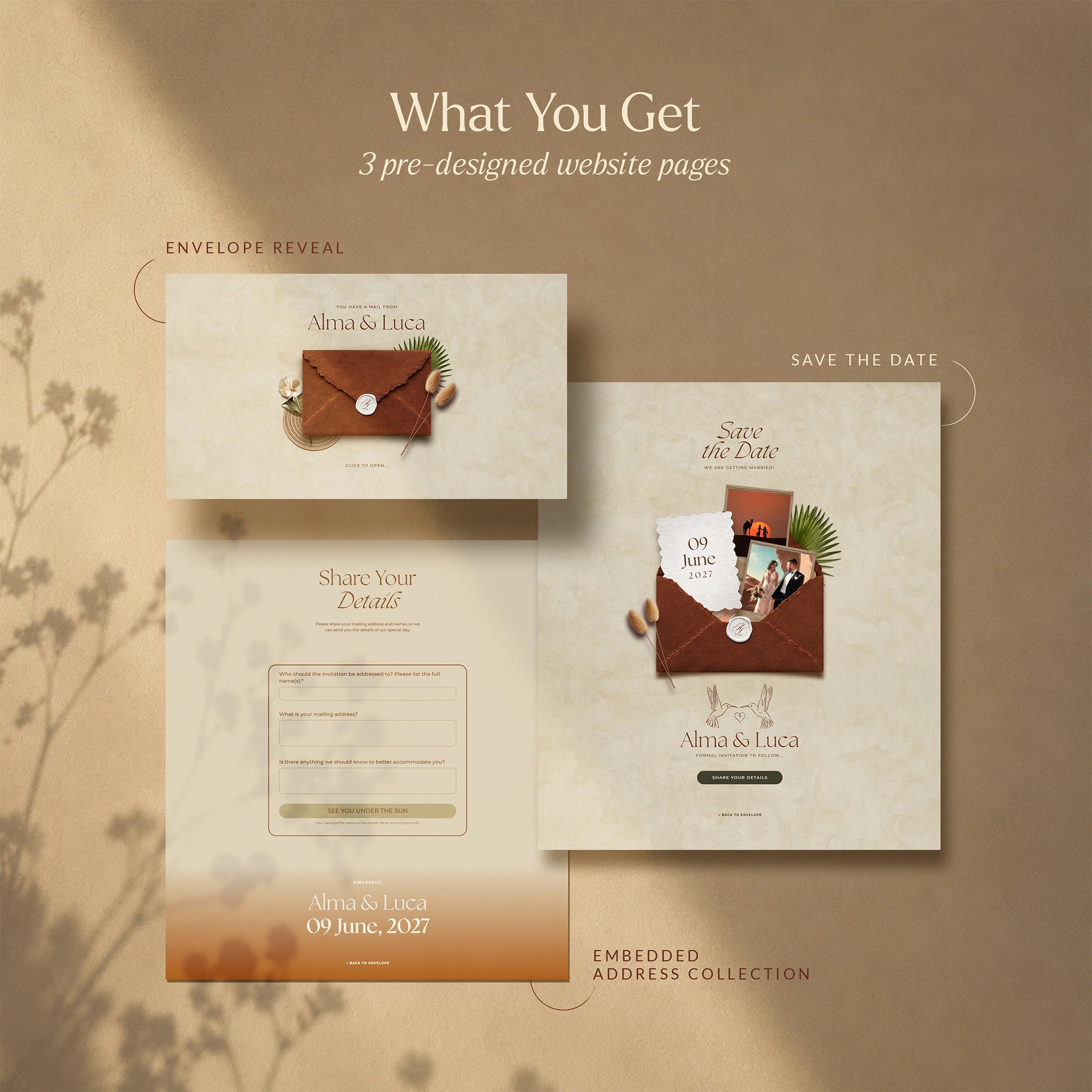 Sunset terracotta save the date website template preview: envelope reveal, save the date page, and RSVP address form