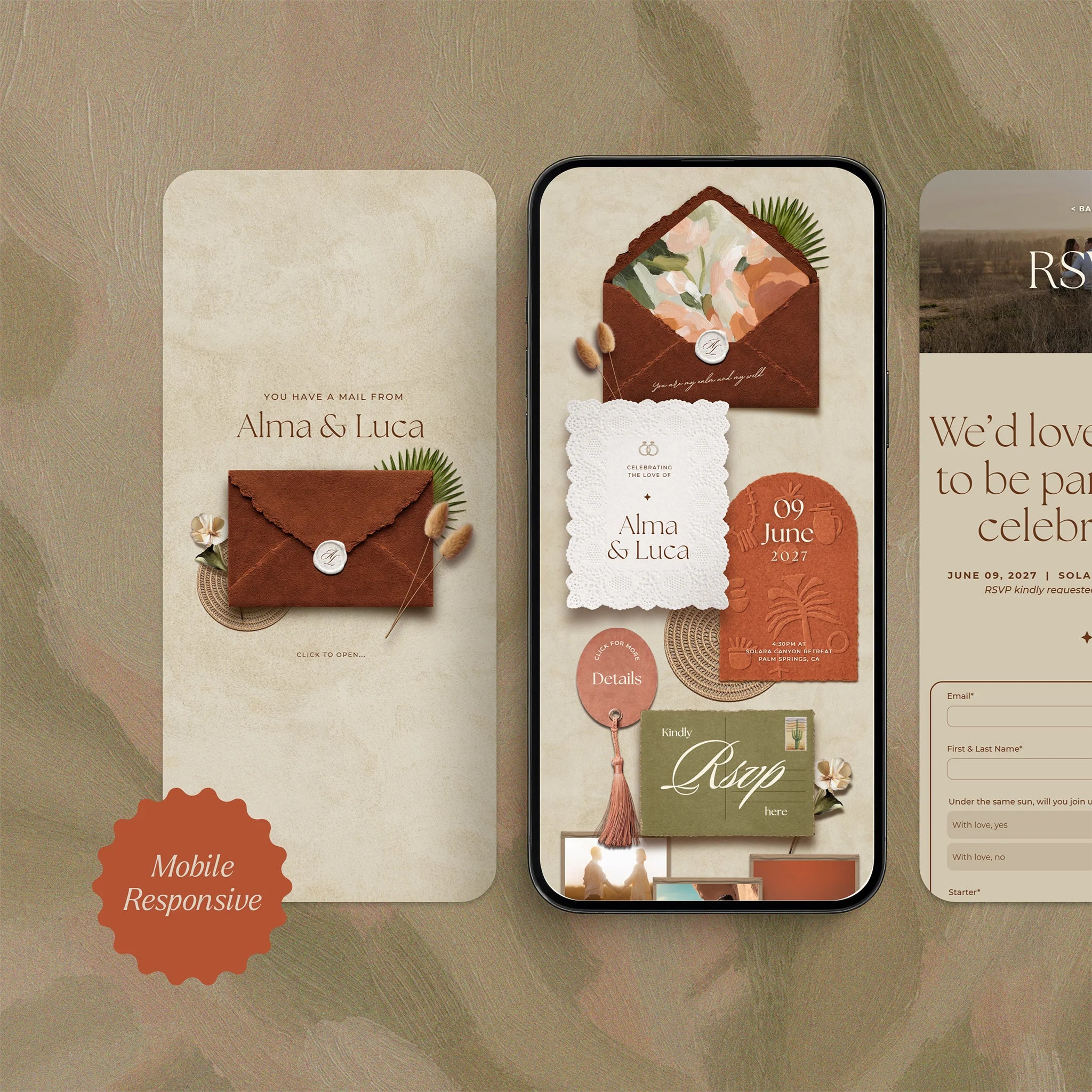 Mobile-responsive Sunset Terracotta boho wedding website template on phone screen, suede envelope with RSVP form and menu options