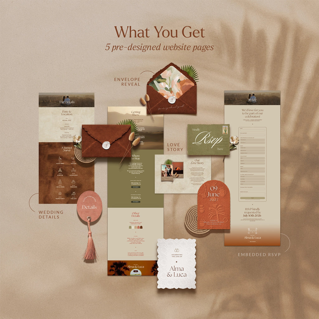 Sunset Terracotta boho wedding website template preview: envelope reveal, love story, wedding details, and RSVP pages