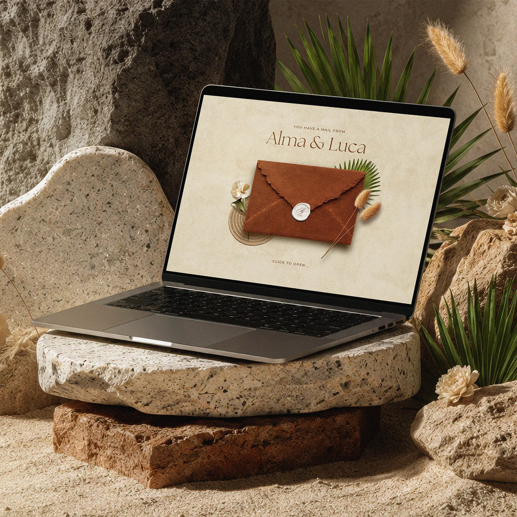 Sunset Terracotta desert boho wedding website template shown on laptop, suede envelope reveal with wax seal on rock