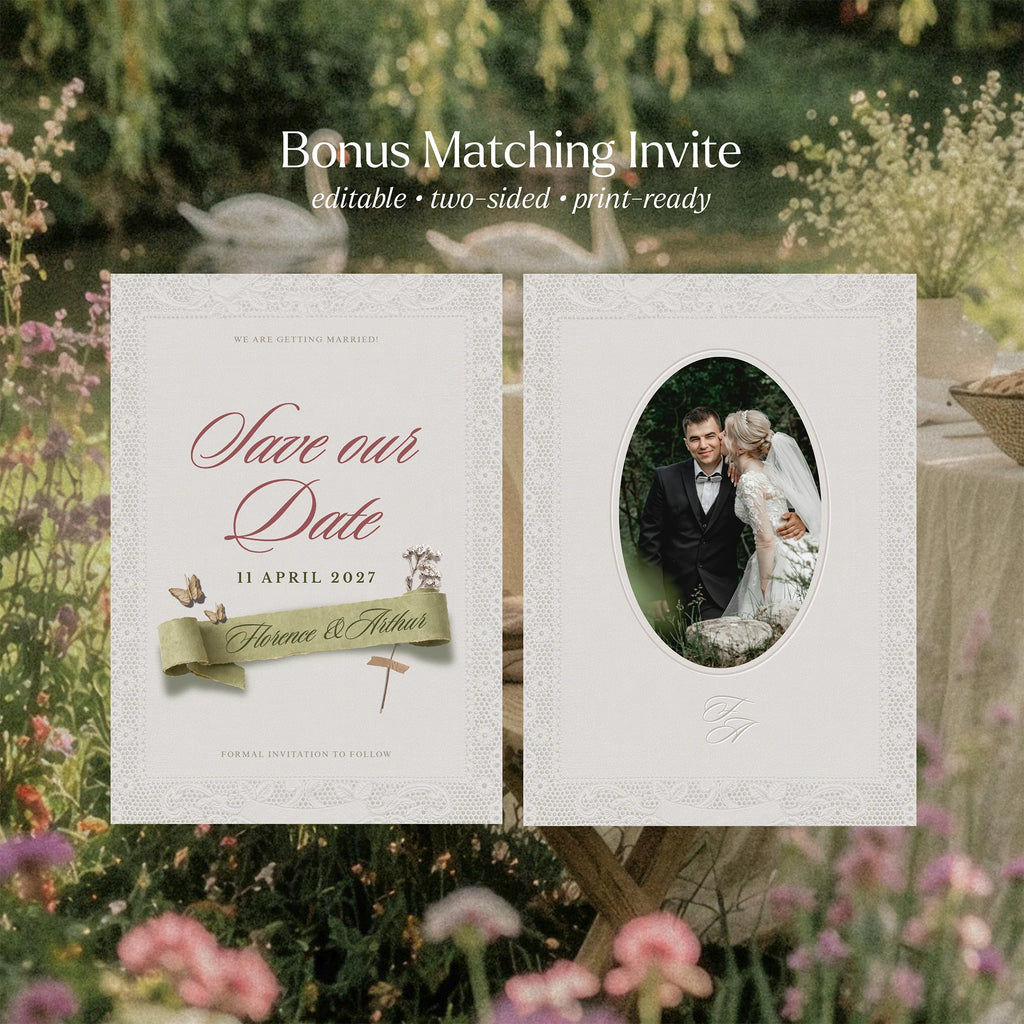 Sage green save the date invitation template with wax seal and photo, editable printable wedding invitation suite