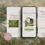 Mobile-responsive save the date wedding website template on phone screen, sage green envelope and RSVP address form