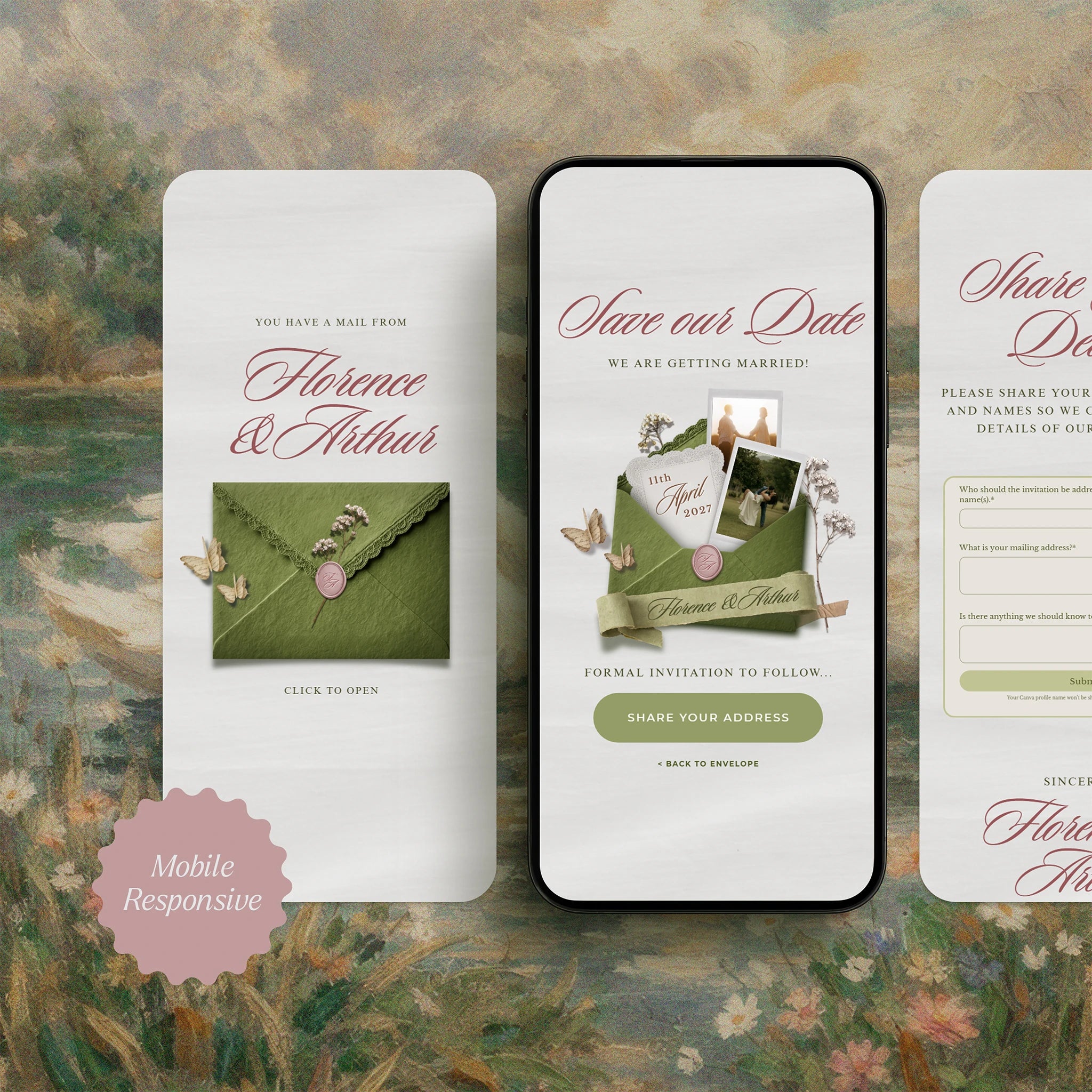 Mobile-responsive save the date wedding website template on phone screen, sage green envelope and RSVP address form