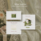 Timeless Garden save the date website template preview: envelope reveal, save the date page, and RSVP address collection form
