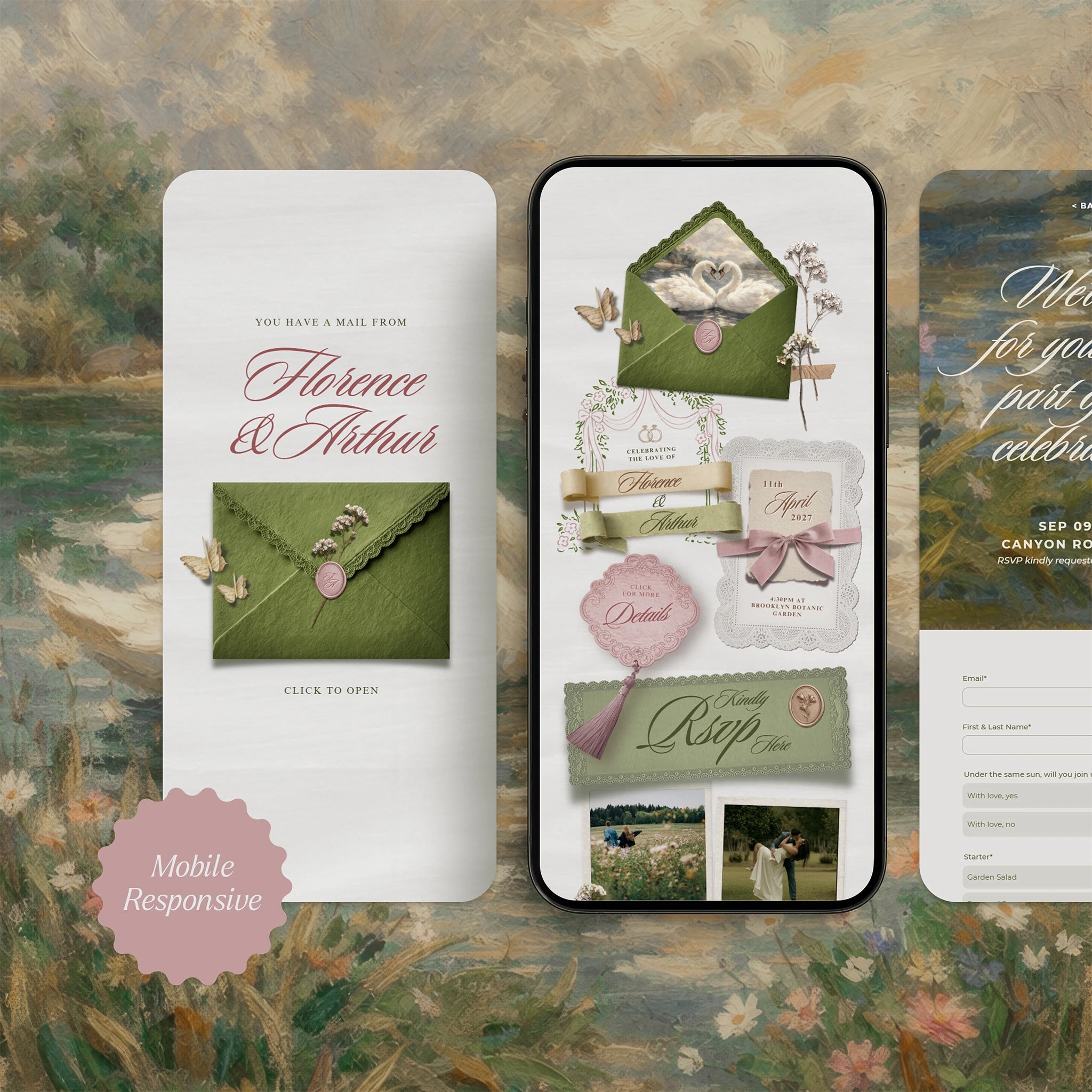 Mobile-responsive Timeless Garden wedding website template on phone screen, swan envelope liner and full RSVP form