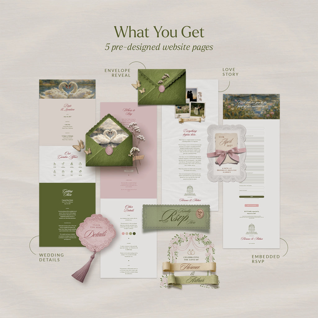 Timeless Garden vintage romantic wedding website template preview: swan envelope reveal, love story, and RSVP pages