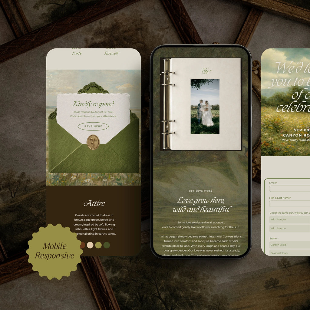 Mobile-responsive Twilight Meadow moody wedding website template on phone screen, sage green envelope and vintage photo album love story